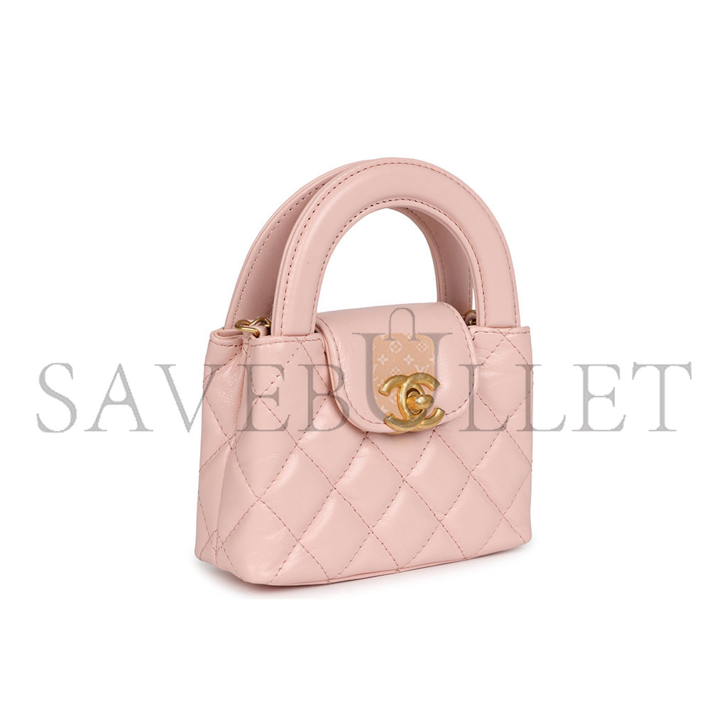 CHANEL MASTER NANO KELLY SHOPPER LIGHT PINK SHINY AGED CALFSKIN BRUSHED GOLD HARDWARE(12.5*8.3*4cm)